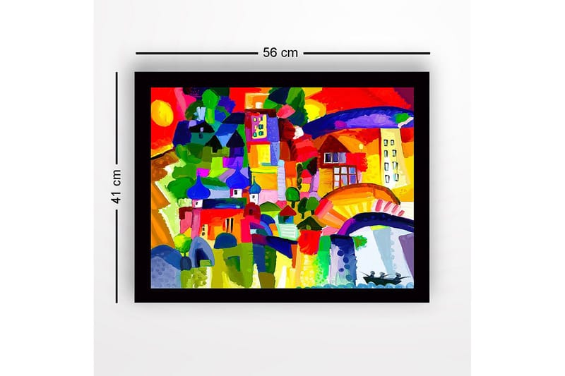 Indrammet lærredstryk i træ - 41x56 cm - Farverig bysilhuet med kupler og bygninger - Rød / Grøn / Blå - Boligtilbehør - Billeder & kunst