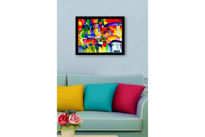 Indrammet lærredstryk i træ - 41x56 cm - Farverig bysilhuet med kupler og bygninger - Rød / Grøn / Blå - Boligtilbehør - Billeder & kunst