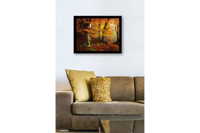 Indrammet lærredstryk i træ - 41x56 cm - Farverig efterårsskov med gyldent og orange løv - Orange / Gul / Grøn - Boligtilbehør - Billeder & kunst