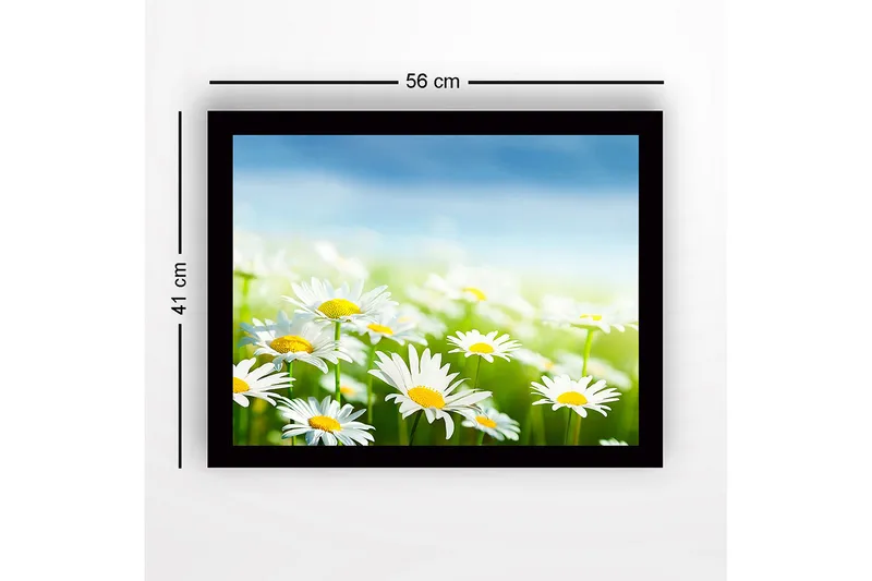 Indrammet lærredstryk i træ - 41x56 cm - Farverig eng med blomstrende margueritter - Hvid / Gul / Grøn - Boligtilbehør - Billeder &amp; kunst