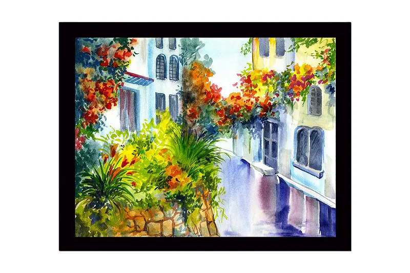 Indrammet lærredstryk i træ - 41x56 cm - Farverig gade med blomstrende planter og husfacader, Grøn / Rød / Gul