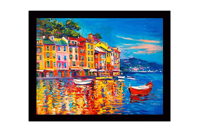 Indrammet lærredstryk i træ - 41x56 cm - Farverig havn med pastelfarvede bygninger og både, Blå / Orange / Gul