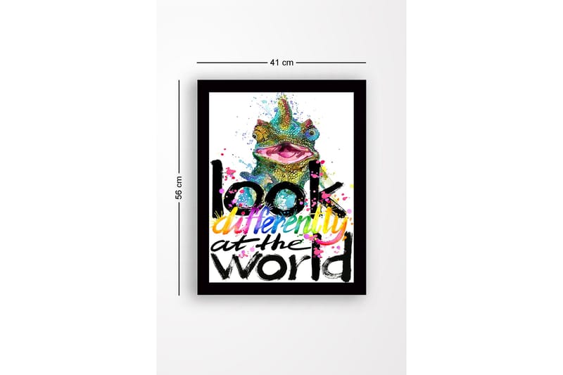 Indrammet lærredstryk i træ - 41x56 cm - Farverig kamæleon med inspirerende tekst - Grøn / Lyserød / Gul - Boligtilbehør - Billeder & kunst