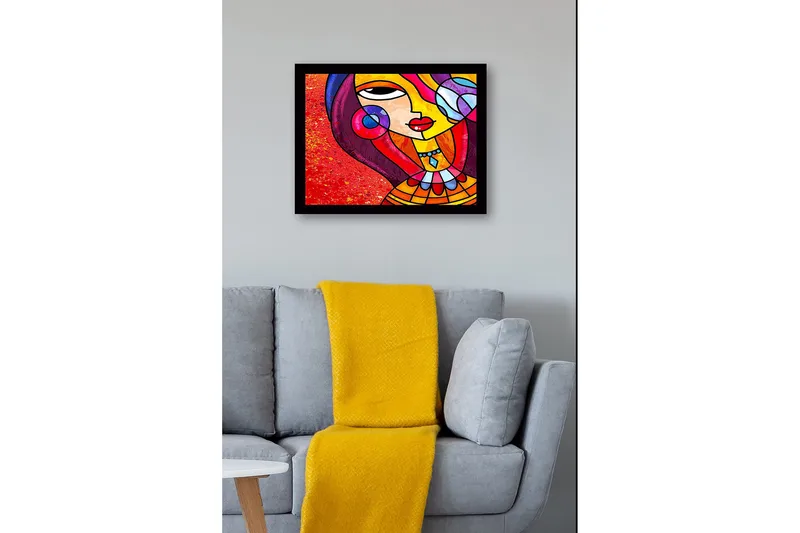 Indrammet lærredstryk i træ - 41x56 cm - Farverig kvinde med stiliseret ansigt og smykker - Rød / Gul / Lilla - Boligtilbehør - Billeder & kunst