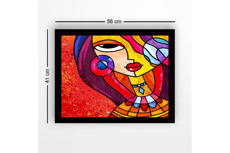 Indrammet lærredstryk i træ - 41x56 cm - Farverig kvinde med stiliseret ansigt og smykker - Rød / Gul / Lilla - Boligtilbehør - Billeder & kunst