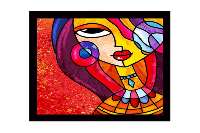Indrammet lærredstryk i træ - 41x56 cm - Farverig kvinde med stiliseret ansigt og smykker, Rød / Gul / Lilla