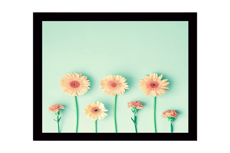 Indrammet lærredstryk i træ - 41x56 cm - Farverig række af blomster med gerbera og nellike, Lys orange / Grøn / Mintgrøn