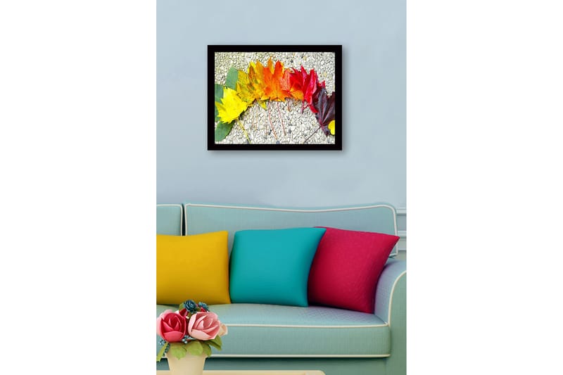 Indrammet lærredstryk i træ - 41x56 cm - Farverig række af efterårsblade i forskellige nuancer - Gul / Orange / Rød - Boligtilbehør - Billeder & kunst