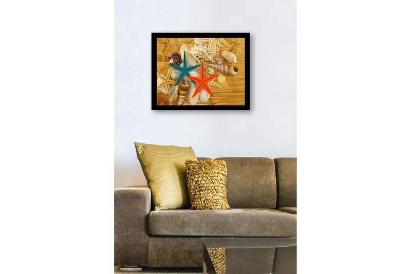 Indrammet lærredstryk i træ - 41x56 cm - Farverig søstjerne på en baggrund af skaller og træ - Turkis / Orange / Beige - Boligtilbehør - Billeder & kunst