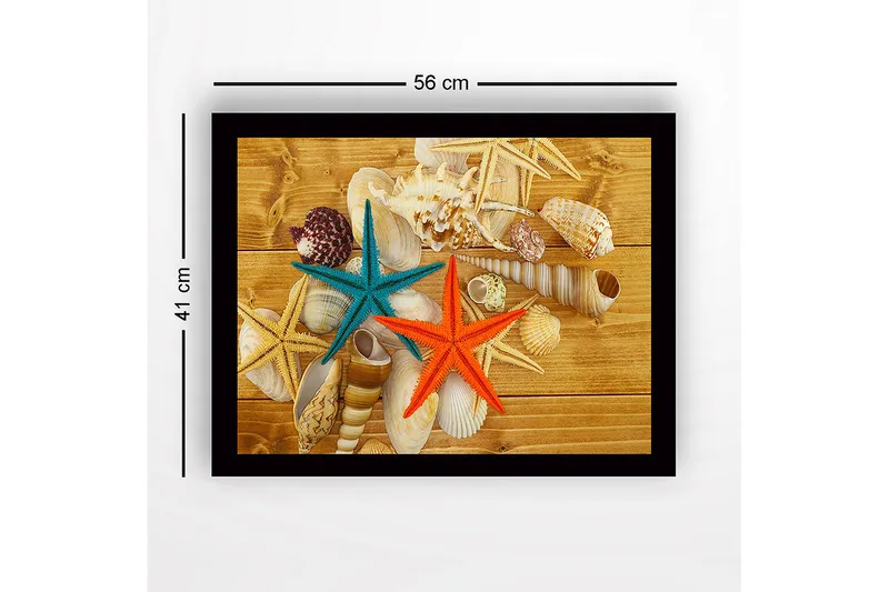 Indrammet lærredstryk i træ - 41x56 cm - Farverig søstjerne på en baggrund af skaller og træ - Turkis / Orange / Beige - Boligtilbehør - Billeder & kunst