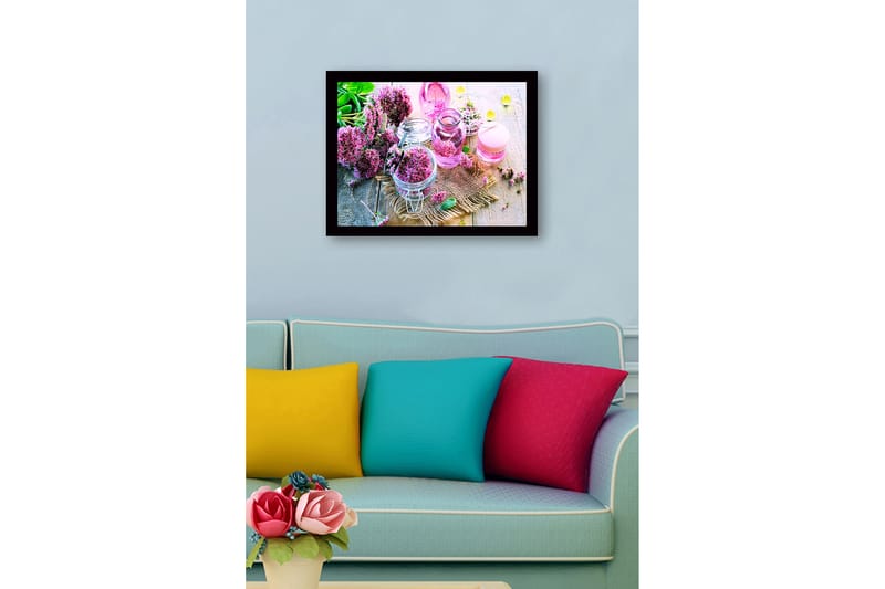 Indrammet lærredstryk i træ - 41x56 cm - Farverig samling af blomster i glasbeholdere - Lyserød / Grøn / Lilla - Boligtilbehør - Billeder & kunst