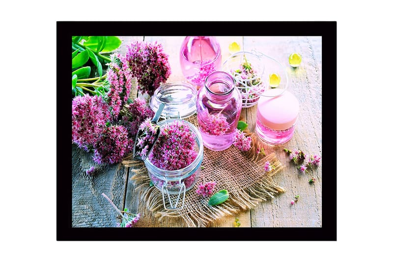 Indrammet lærredstryk i træ - 41x56 cm - Farverig samling af blomster i glasbeholdere - Lyserød / Grøn / Lilla - Boligtilbehør - Billeder & kunst