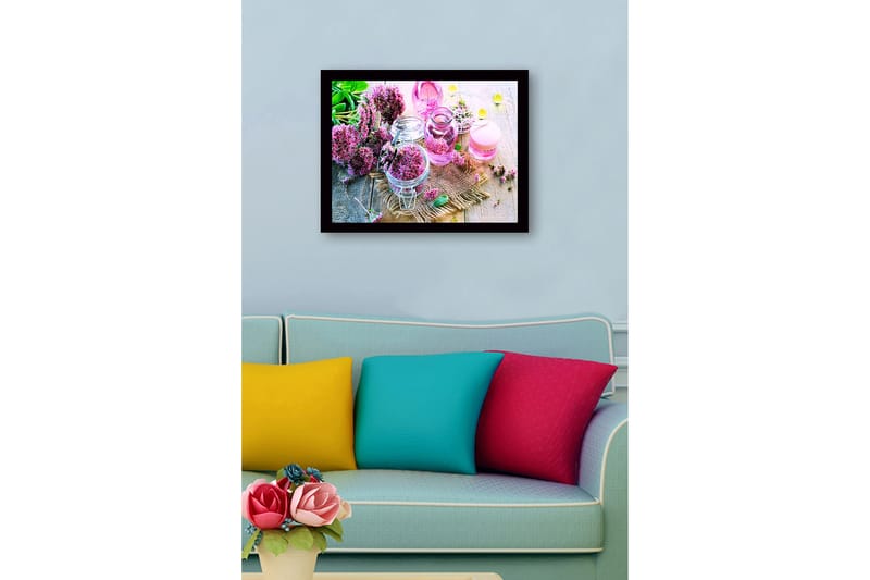 Indrammet lærredstryk i træ - 41x56 cm - Farverig samling af blomster i glasbeholdere - Lyserød / Grøn / Lilla - Boligtilbehør - Billeder & kunst