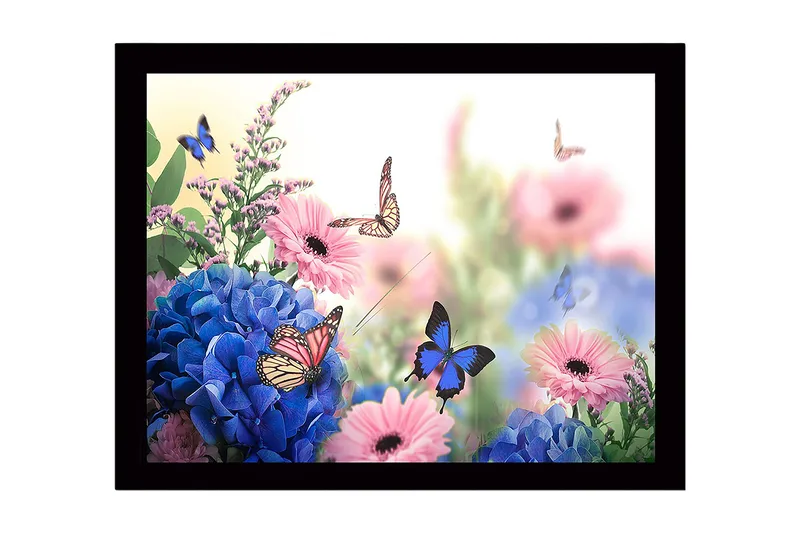 Indrammet lærredstryk i træ - 41x56 cm - Farverig samling af blomster med sommerfugle i flugt, Blå / Lyserød / Grøn