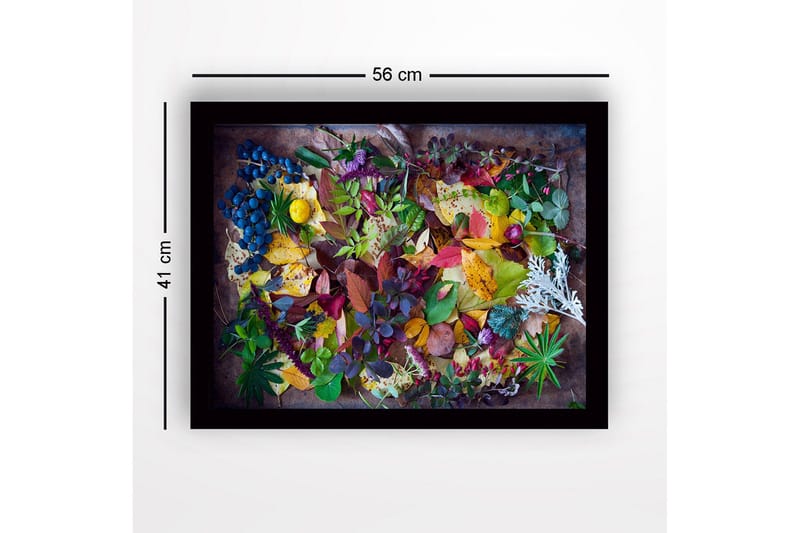 Indrammet lærredstryk i træ - 41x56 cm - Farverig samling af efterårsblade og bær - Grøn / Rød / Gul - Boligtilbehør - Billeder & kunst