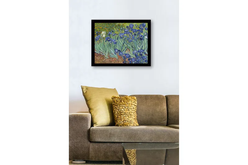 Indrammet lærredstryk i træ - 41x56 cm - Farverig samling af irisblomster - Blå / Grøn / Brun - Boligtilbehør - Billeder & kunst