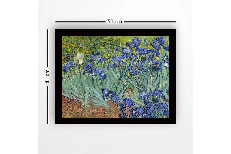 Indrammet lærredstryk i træ - 41x56 cm - Farverig samling af irisblomster - Blå / Grøn / Brun - Boligtilbehør - Billeder & kunst