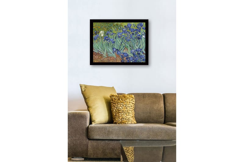 Indrammet lærredstryk i træ - 41x56 cm - Farverig samling af irisblomster - Blå / Grøn / Brun - Boligtilbehør - Billeder & kunst