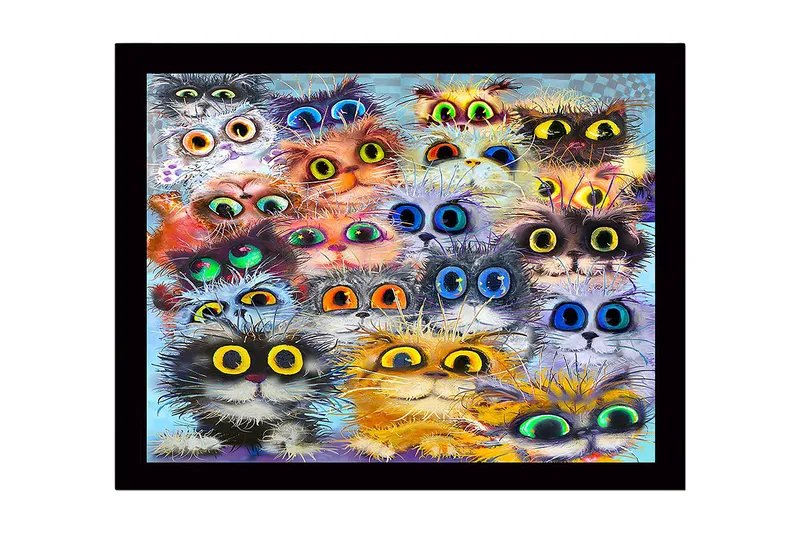 Indrammet lærredstryk i træ - 41x56 cm - Farverig samling af katteansigter med store øjne, Orange / Sort / Blå