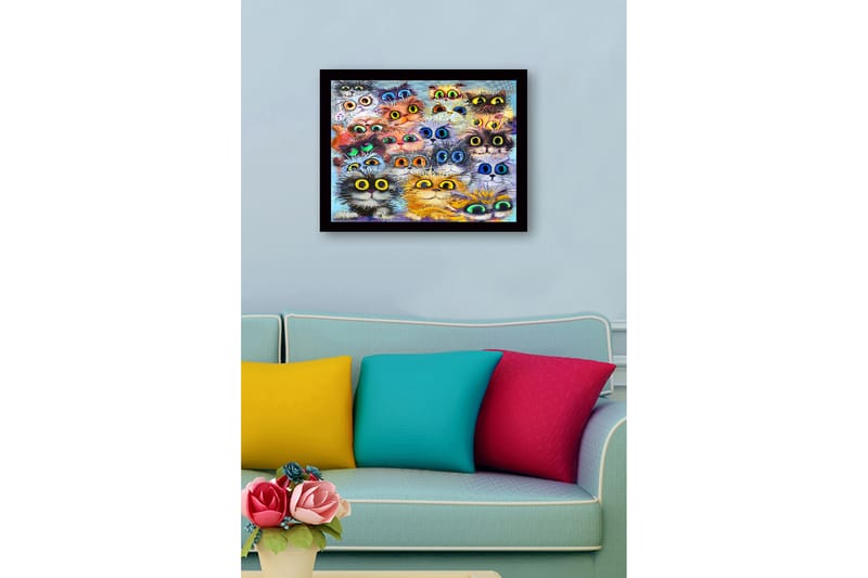 Indrammet lærredstryk i træ - 41x56 cm - Farverig samling af katteansigter med store øjne - Orange / Sort / Blå - Boligtilbehør - Billeder & kunst