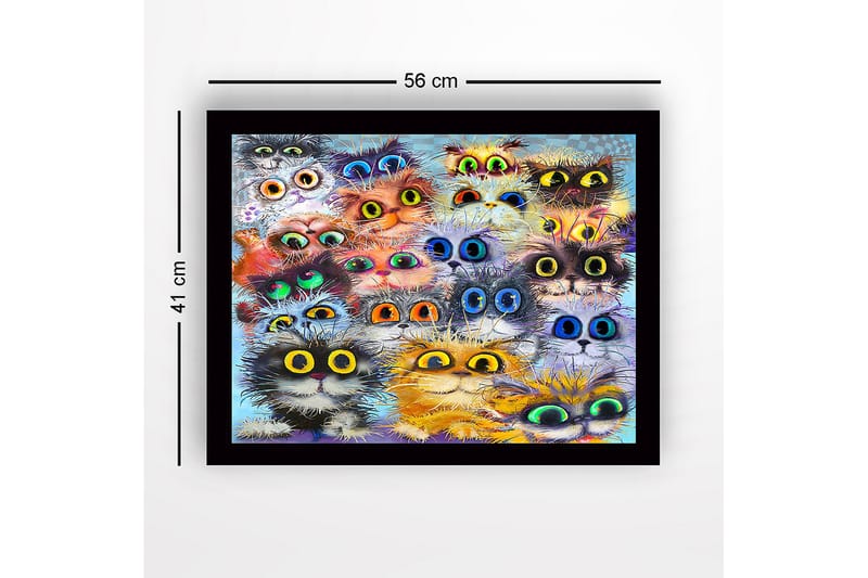 Indrammet lærredstryk i træ - 41x56 cm - Farverig samling af katteansigter med store øjne - Orange / Sort / Blå - Boligtilbehør - Billeder & kunst