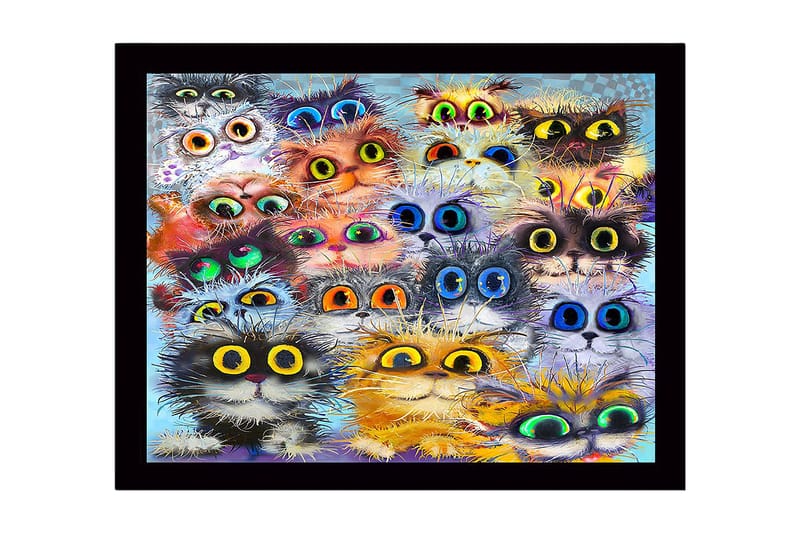 Indrammet lærredstryk i træ - 41x56 cm - Farverig samling af katteansigter med store øjne, Orange / Sort / Blå