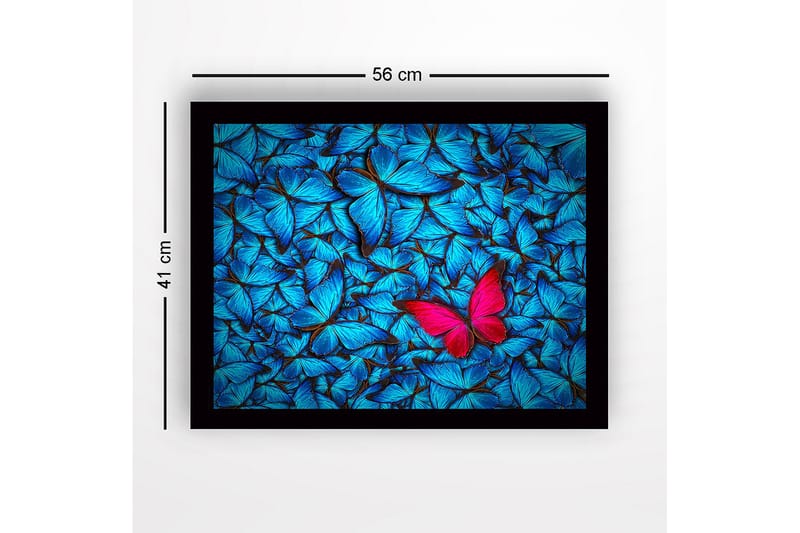 Indrammet lærredstryk i træ - 41x56 cm - Farverig samling af sommerfugle med en fremtrædende lyserød sommerfugl - Blå / Lyserød - Boligtilbehør - Billeder & kunst
