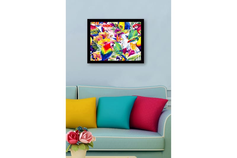 Indrammet lærredstryk i træ - 41x56 cm - Farverig samling af tropiske fugle og blomster - Grøn / Rød / Gul - Boligtilbehør - Billeder & kunst