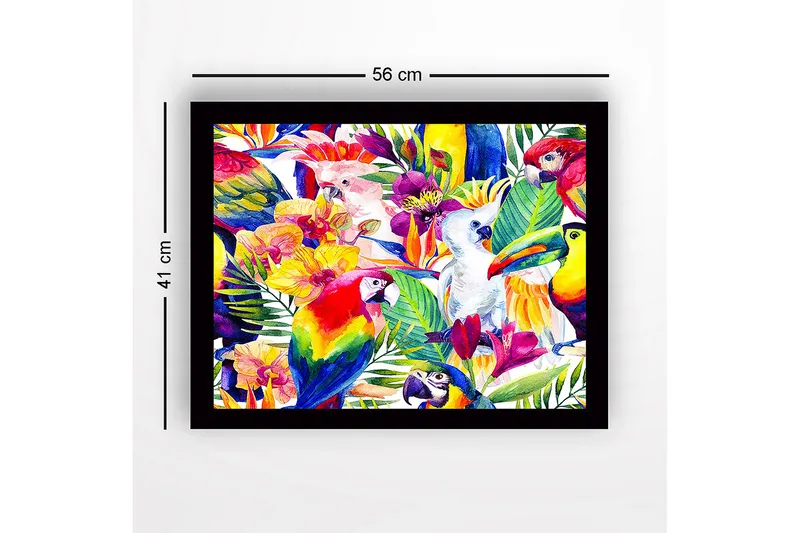 Indrammet lærredstryk i træ - 41x56 cm - Farverig samling af tropiske fugle og blomster - Grøn / Rød / Gul - Boligtilbehør - Billeder & kunst