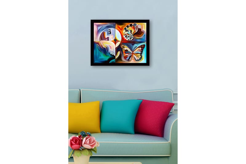 Indrammet lærredstryk i træ - 41x56 cm - Farverig sommerfugl med abstrakte former og mønstre - Blå / Orange / Hvid - Boligtilbehør - Billeder & kunst