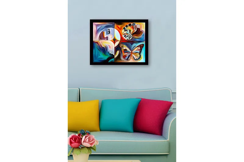 Indrammet lærredstryk i træ - 41x56 cm - Farverig sommerfugl med abstrakte former og mønstre - Blå / Orange / Hvid - Boligtilbehør - Billeder & kunst
