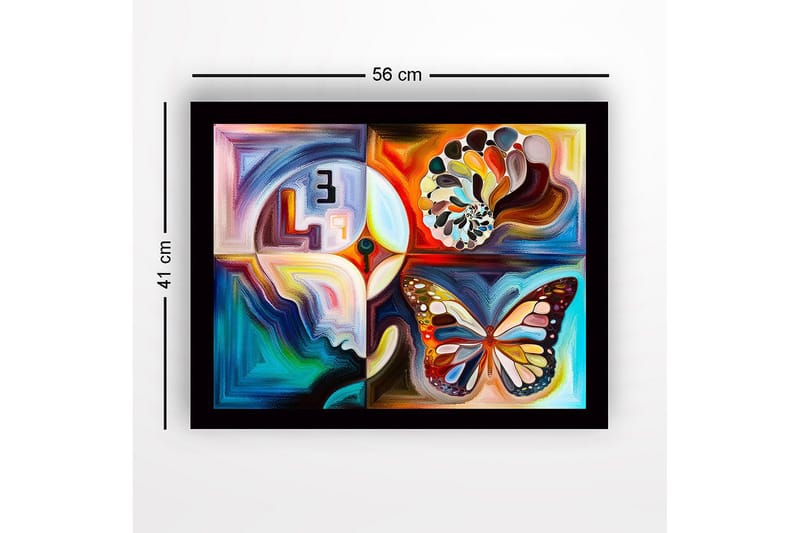 Indrammet lærredstryk i træ - 41x56 cm - Farverig sommerfugl med abstrakte former og mønstre - Blå / Orange / Hvid - Boligtilbehør - Billeder & kunst