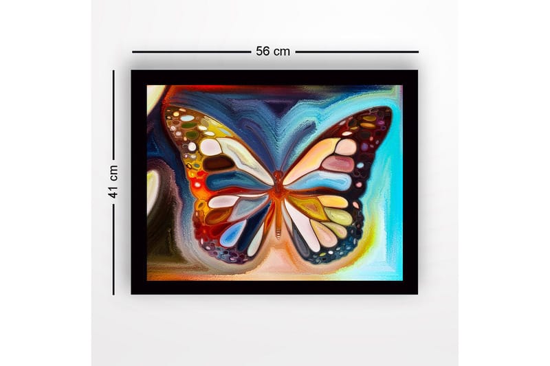 Indrammet lærredstryk i træ - 41x56 cm - Farverig sommerfugl med detaljerede mønstre - Blå / Orange / Gul - Boligtilbehør - Billeder & kunst