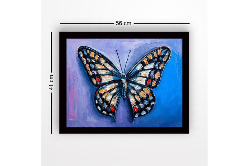 Indrammet lærredstryk i træ - 41x56 cm - Farverig sommerfugl med detaljerede vinger - Blå / Orange / Sort - Boligtilbehør - Billeder & kunst