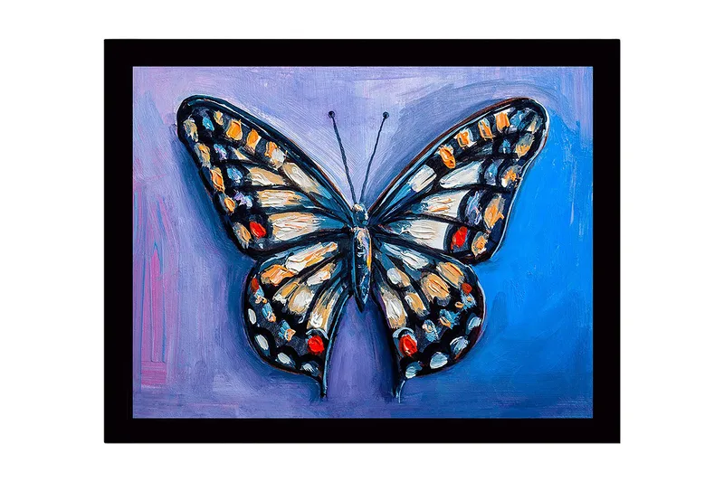 Indrammet lærredstryk i træ - 41x56 cm - Farverig sommerfugl med detaljerede vinger, Blå / Orange / Sort