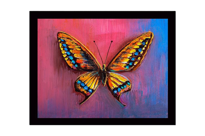 Indrammet lærredstryk i træ - 41x56 cm - Farverig sommerfugl med detaljerede vinger, Orange / Blå / Lyserød