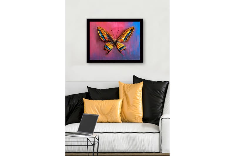 Indrammet lærredstryk i træ - 41x56 cm - Farverig sommerfugl med detaljerede vinger - Orange / Blå / Lyserød - Boligtilbehør - Billeder & kunst