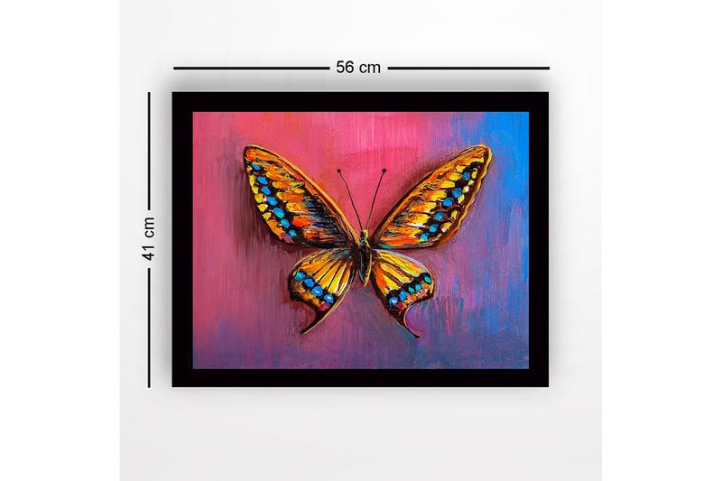 Indrammet lærredstryk i træ - 41x56 cm - Farverig sommerfugl med detaljerede vinger - Orange / Blå / Lyserød - Boligtilbehør - Billeder & kunst