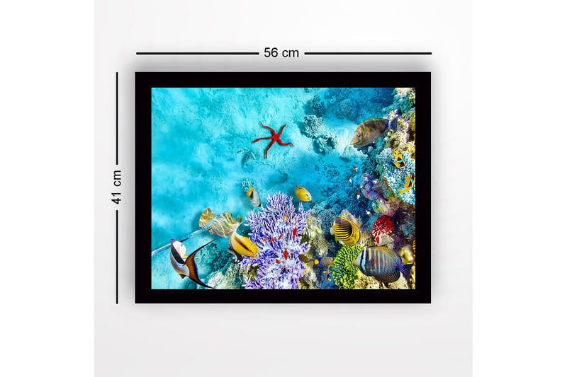 Indrammet lærredstryk i træ - 41x56 cm - Farverig undervandsscene med koralrev og fisk - Turkis / Lilla / Rød - Boligtilbehør - Billeder & kunst