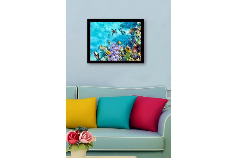 Indrammet lærredstryk i træ - 41x56 cm - Farverig undervandsscene med koralrev og fisk - Turkis / Lilla / Rød - Boligtilbehør - Billeder & kunst