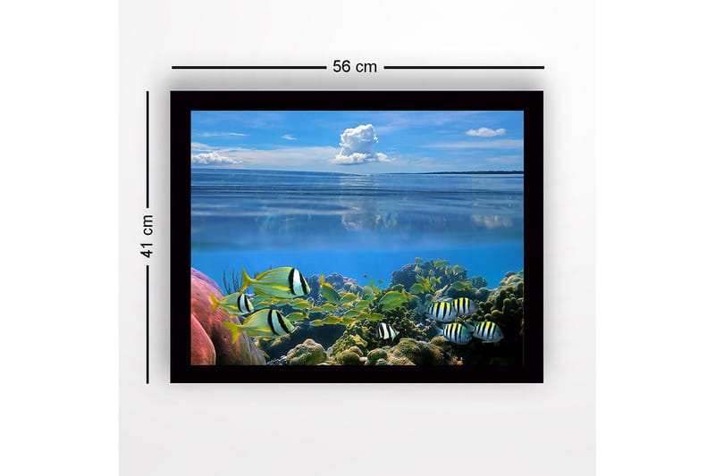 Indrammet lærredstryk i træ - 41x56 cm - Farverig undervandsscene med svømmende fisk og koralrev - Blå / Grøn / Gul - Boligtilbehør - Billeder & kunst