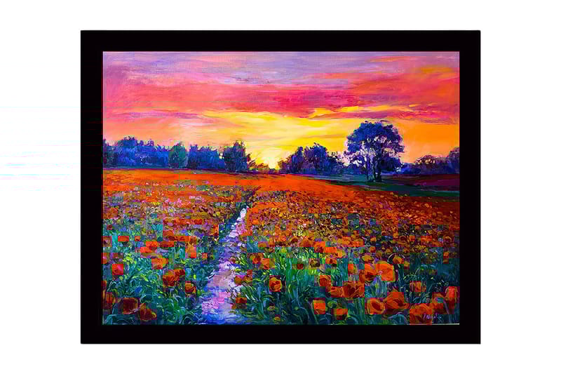 Indrammet lærredstryk i træ - 41x56 cm - Farverig valmueeng under en solnedgang, Orange / Grøn / Lilla