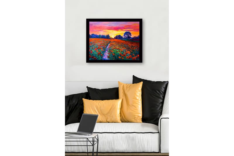Indrammet lærredstryk i træ - 41x56 cm - Farverig valmueeng under en solnedgang - Orange / Grøn / Lilla - Boligtilbehør - Billeder & kunst