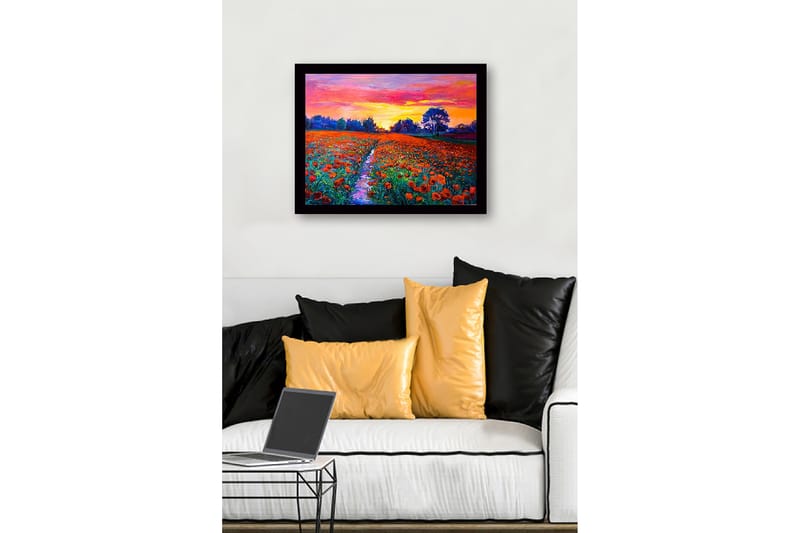Indrammet lærredstryk i træ - 41x56 cm - Farverig valmueeng under en solnedgang - Orange / Grøn / Lilla - Boligtilbehør - Billeder & kunst