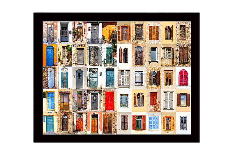 Indrammet lærredstryk i træ - 41x56 cm - Farverige døre og vinduer i en mosaik af forskellige stilarter, Blå / Rød / Beige