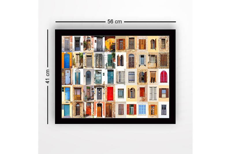 Indrammet lærredstryk i træ - 41x56 cm - Farverige døre og vinduer i en mosaik af forskellige stilarter - Blå / Rød / Beige - Boligtilbehør - Billeder & kunst