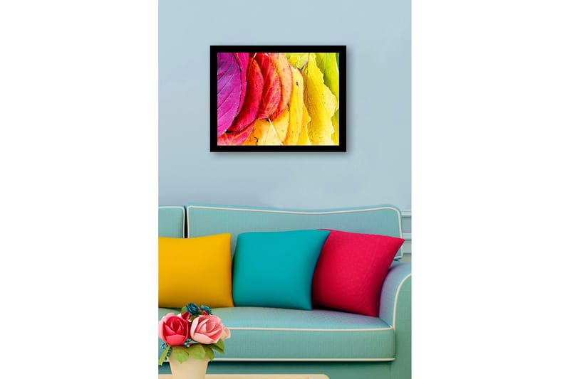 Indrammet lærredstryk i træ - 41x56 cm - Farverige efterårsblade i forskellige nuancer - Lyserød / Rød / Gul - Boligtilbehør - Billeder & kunst