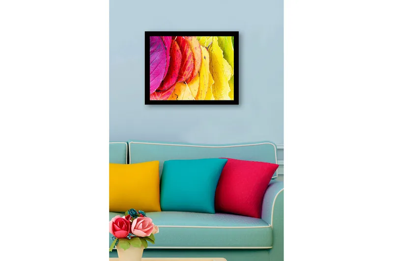 Indrammet lærredstryk i træ - 41x56 cm - Farverige efterårsblade i forskellige nuancer - Lyserød / Rød / Gul - Boligtilbehør - Billeder & kunst