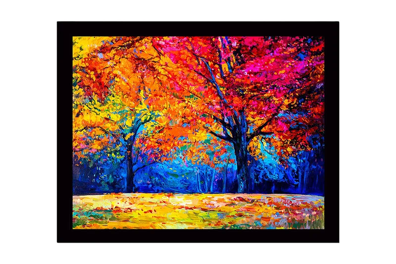 Indrammet lærredstryk i træ - 41x56 cm - Farverige efterårstræer med klare blade i orange og lyserøde nuancer, Orange / Pink / Blå