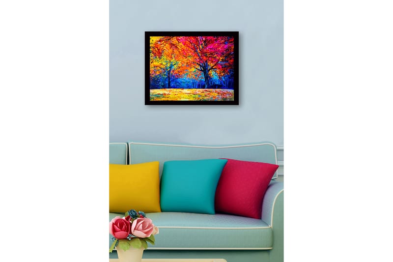 Indrammet lærredstryk i træ - 41x56 cm - Farverige efterårstræer med klare blade i orange og lyserøde nuancer - Orange / Pink / Blå - Boligtilbehør - Billeder & kunst